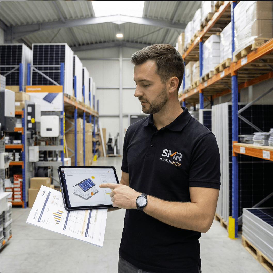 Pracownik SMR Instalacje dobiera komponenty systemu w magazynie