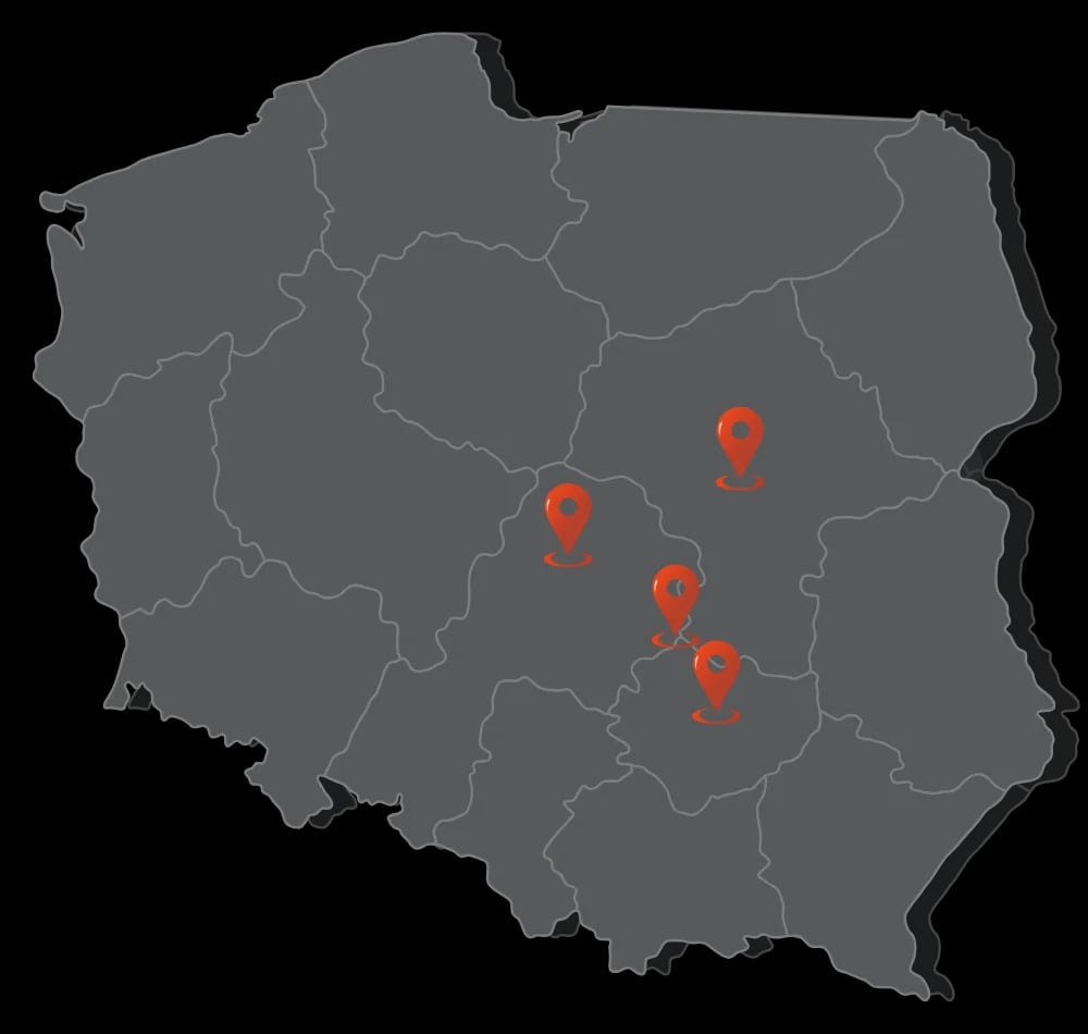 Mapa obszaru montaży i obsługi SMR Instalacje: Warszawa, Łódź, Kielce i Opoczno